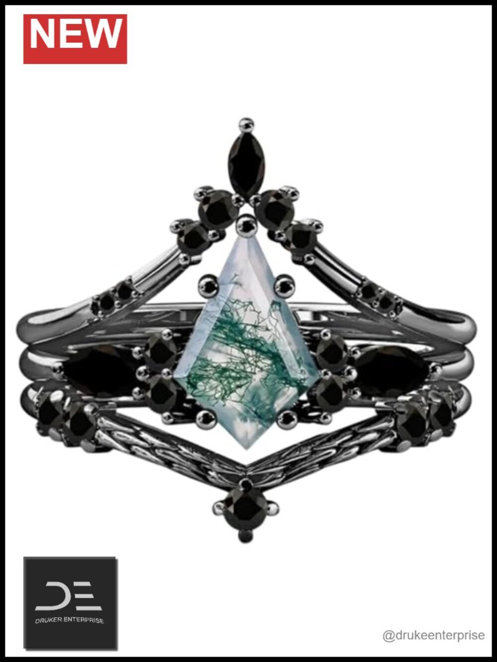 Natural Moss Agate Kite Cut Sterling Silver Ring for Women Stackable S925